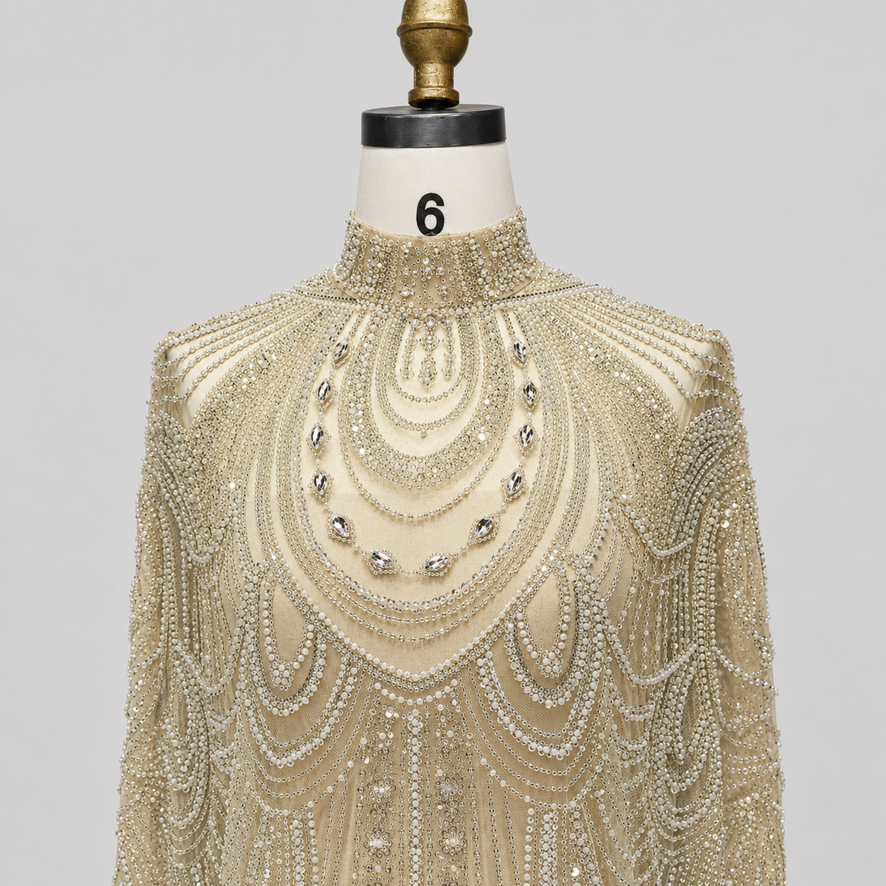Champagne High Neck Crystal Maxi Gown with Draped Cape SL170