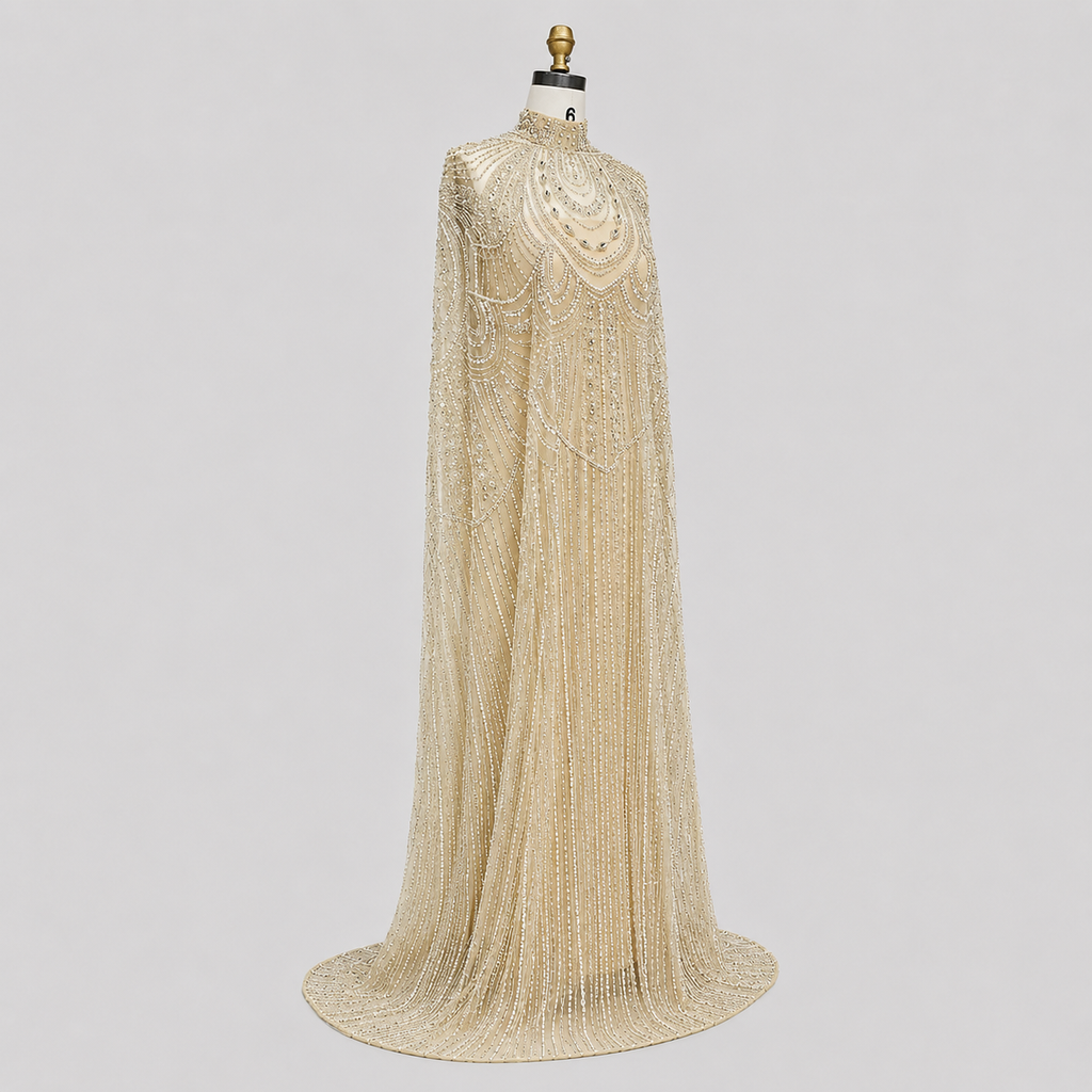 Champagne High Neck Crystal Maxi Gown with Draped Cape SL170