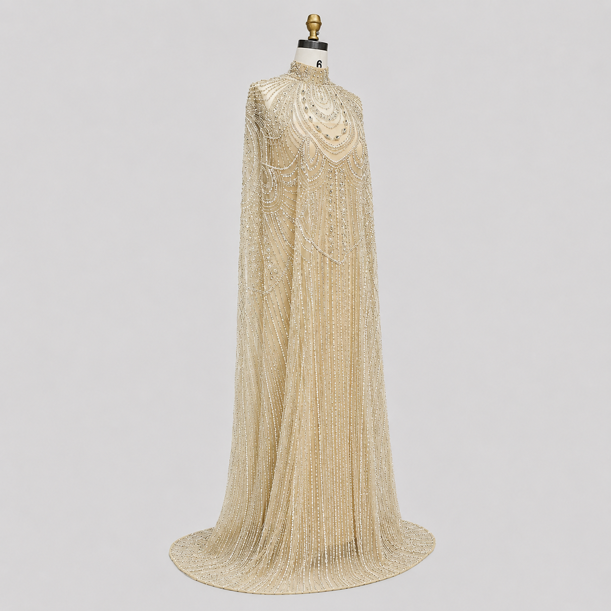 Champagne High Neck Crystal Maxi Gown with Draped Cape SL170