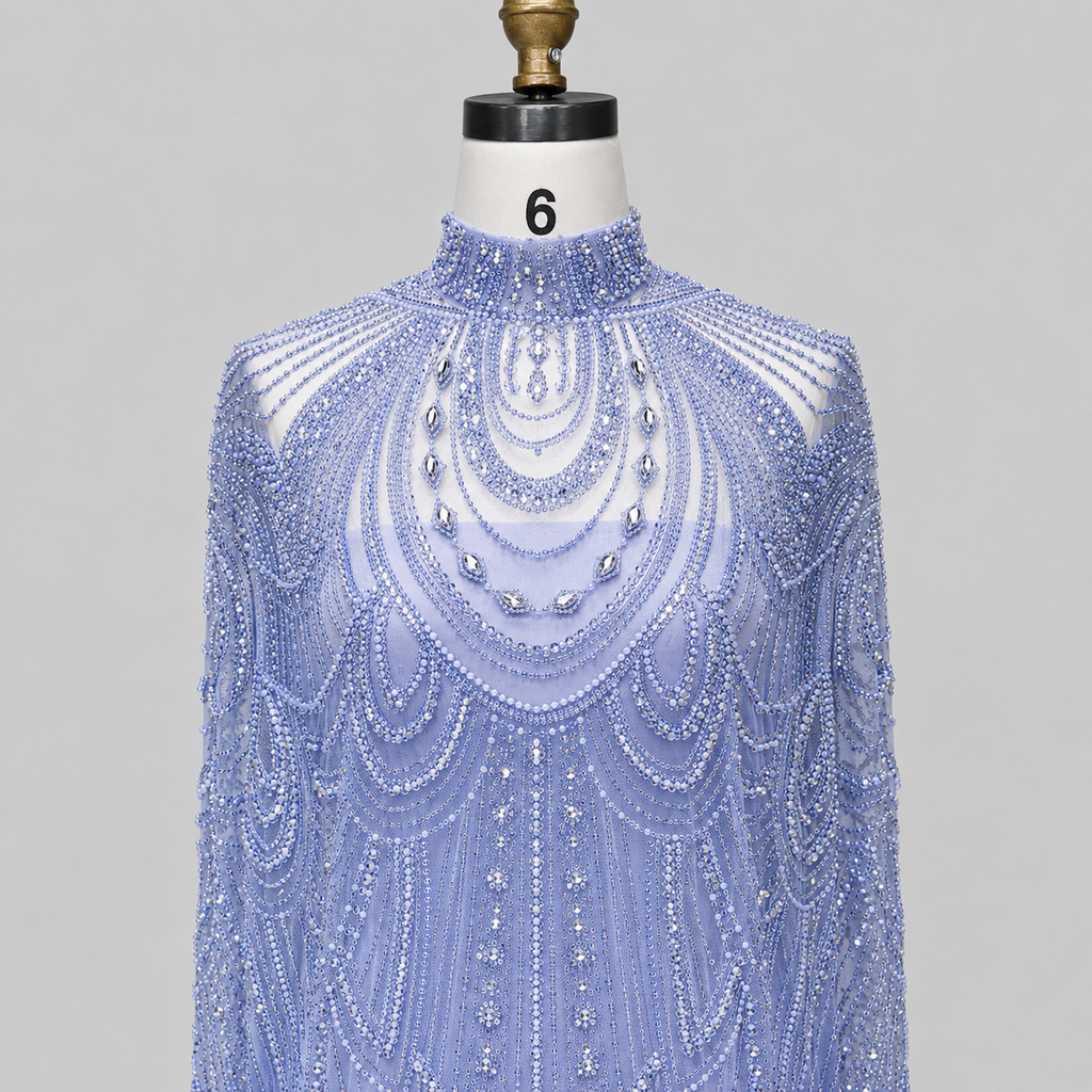 Champagne High Neck Crystal Maxi Gown with Draped Cape SL170