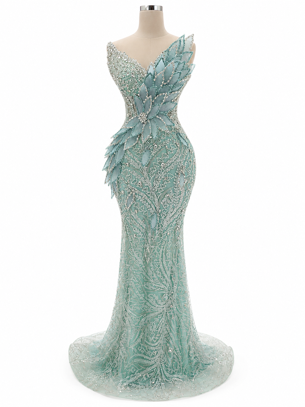 Luxury Green Beaded Mermaid Evening Gown with 3D Leaf Appliqué SL172