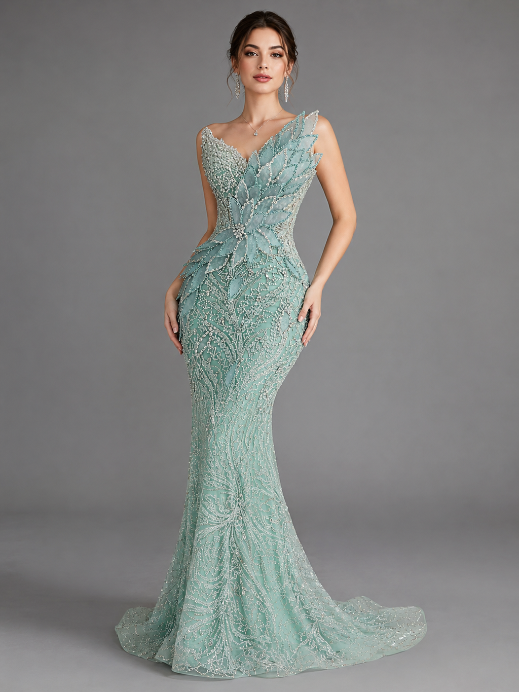 Luxury Green Beaded Mermaid Evening Gown with 3D Leaf Appliqué SL172