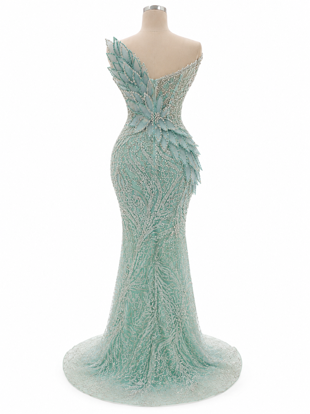 Luxury Green Beaded Mermaid Evening Gown with 3D Leaf Appliqué SL172