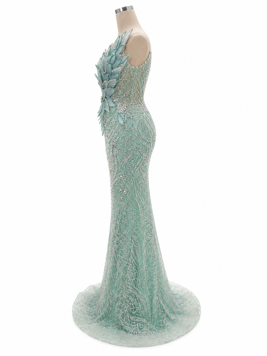 Luxury Green Beaded Mermaid Evening Gown with 3D Leaf Appliqué SL172