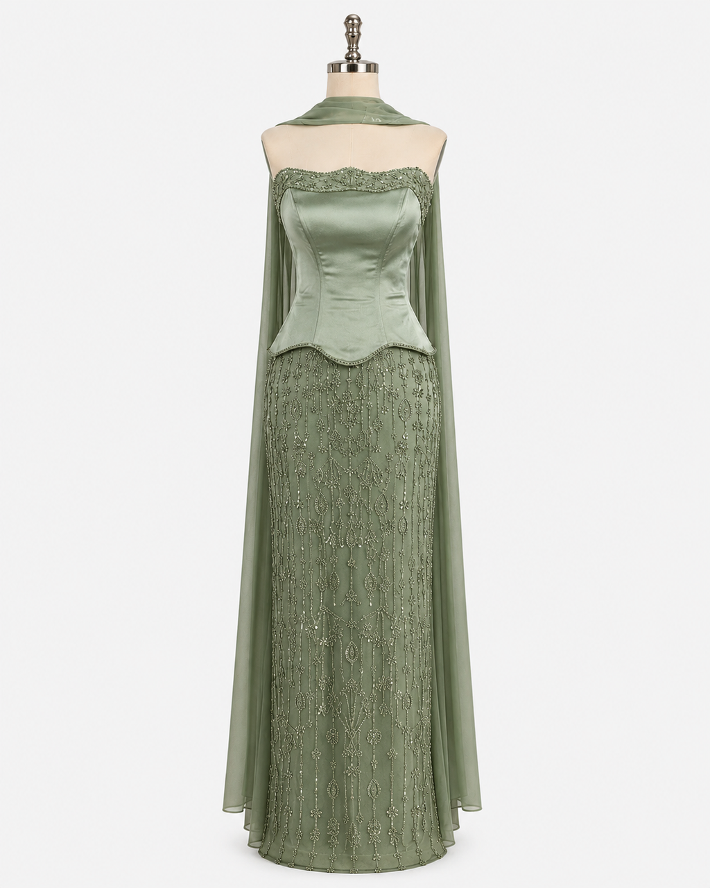 Elegant Strapless Satin Beaded Mermaid Evening Gown with Matching Scarf SL173