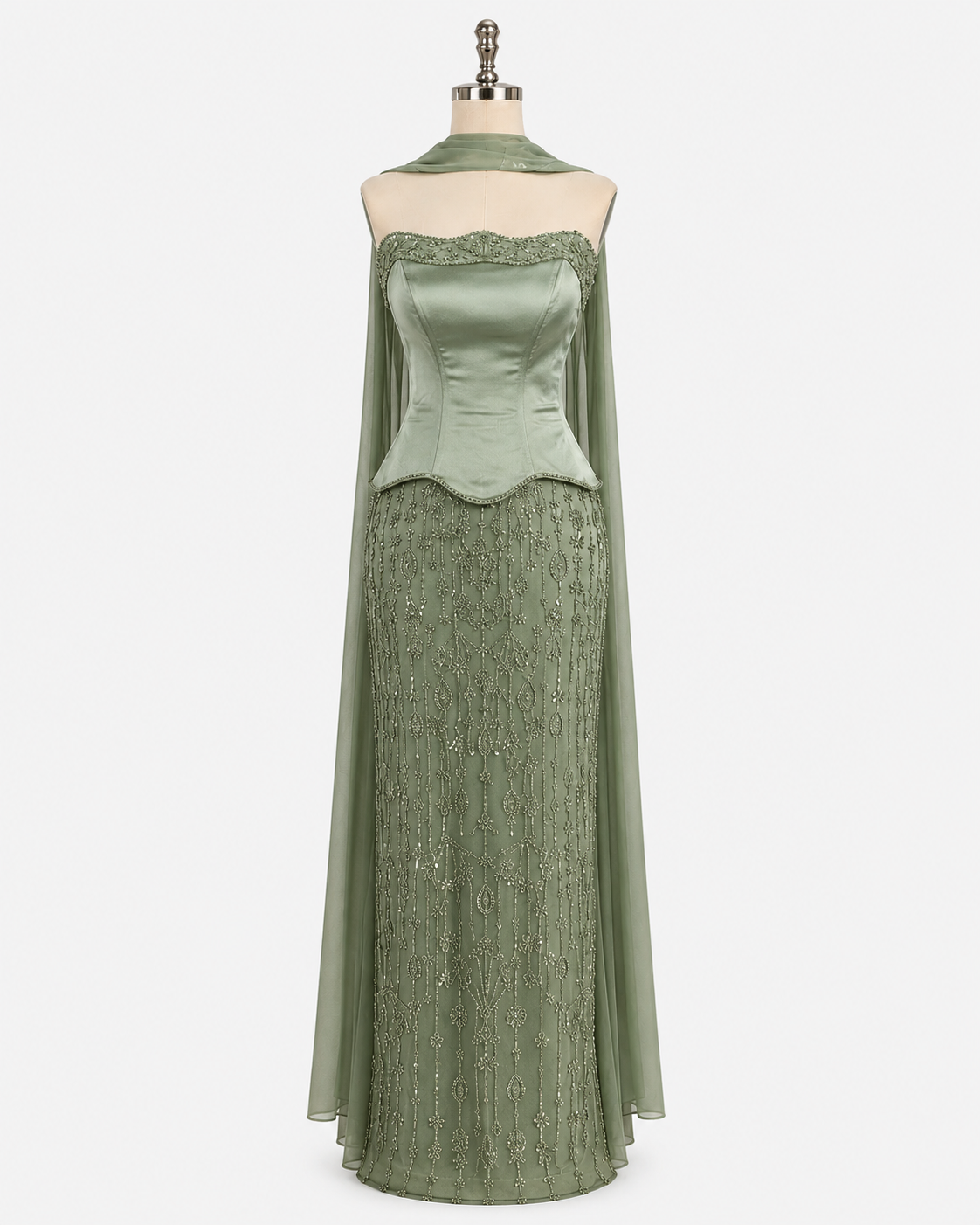 Elegant Strapless Satin Beaded Mermaid Evening Gown with Matching Scarf SL173
