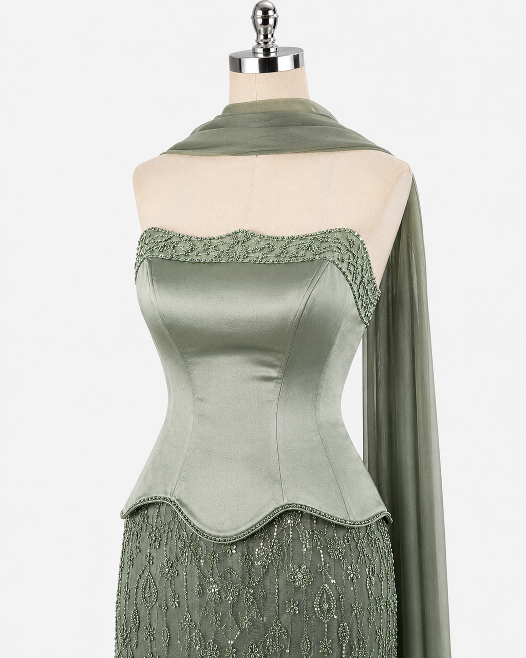 Elegant Strapless Satin Beaded Mermaid Evening Gown with Matching Scarf SL173