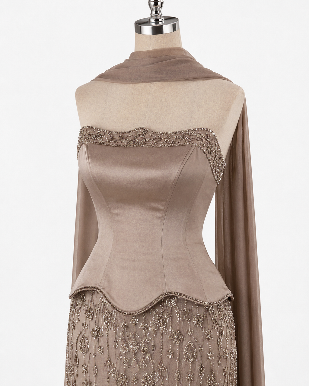 Elegant Strapless Satin Beaded Mermaid Evening Gown with Matching Scarf SL173