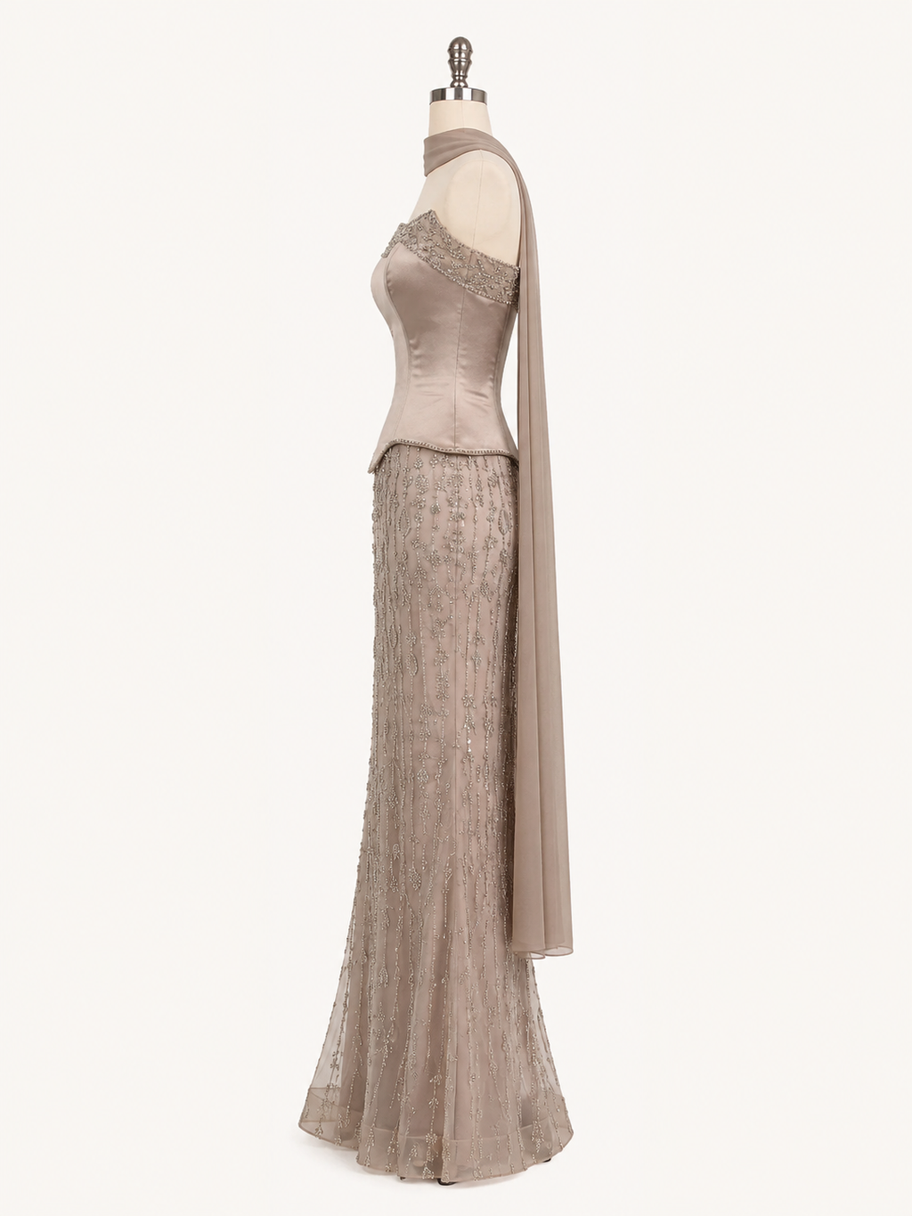 Elegant Strapless Satin Beaded Mermaid Evening Gown with Matching Scarf SL173