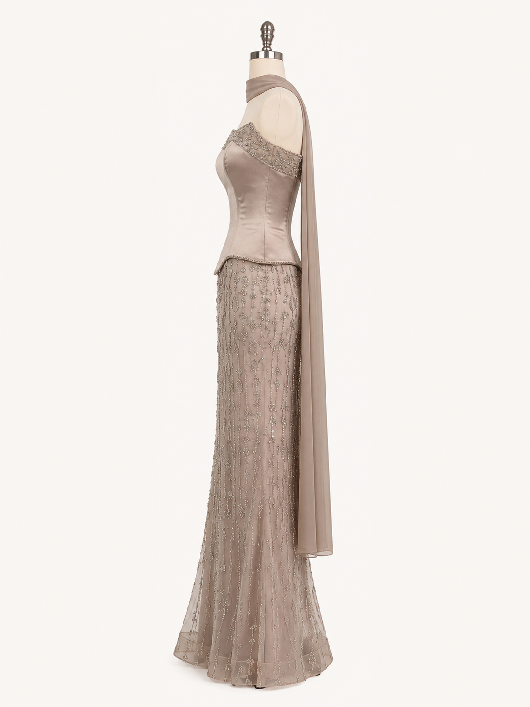 Elegant Strapless Satin Beaded Mermaid Evening Gown with Matching Scarf SL173