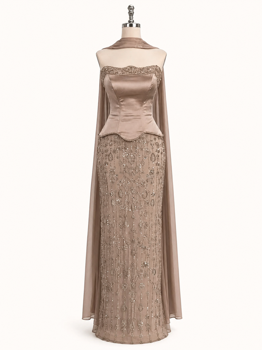 Elegant Strapless Satin Beaded Mermaid Evening Gown with Matching Scarf SL173