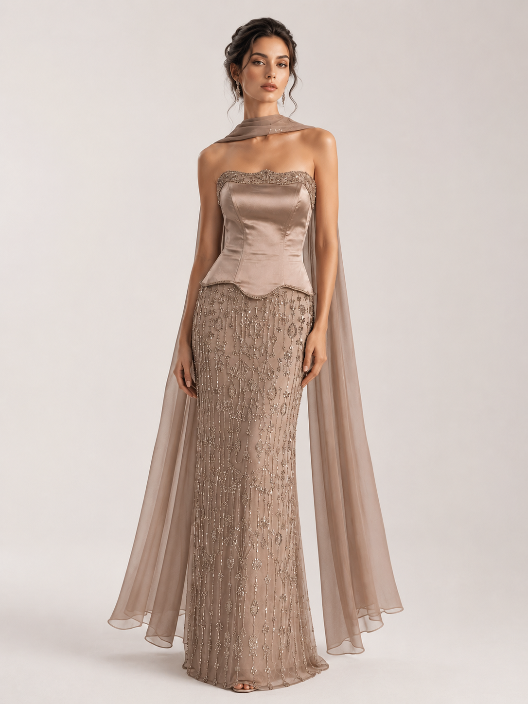 Elegant Strapless Satin Beaded Mermaid Evening Gown with Matching Scarf SL173