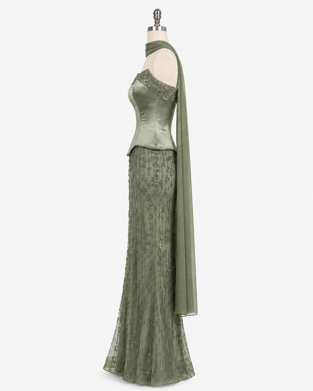 Elegant Strapless Satin Beaded Mermaid Evening Gown with Matching Scarf SL173