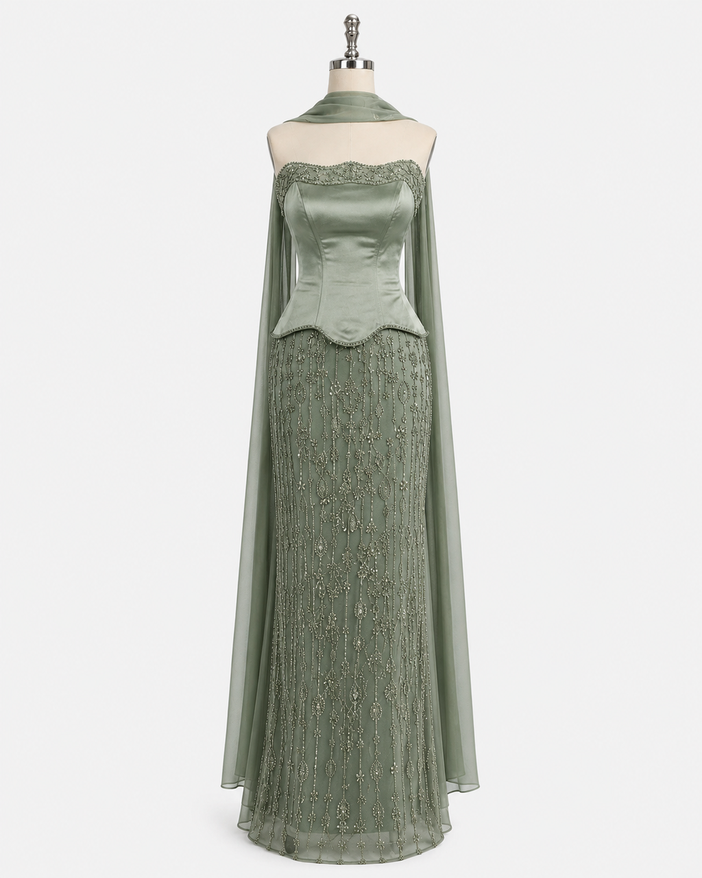 Elegant Strapless Satin Beaded Mermaid Evening Gown with Matching Scarf SL173