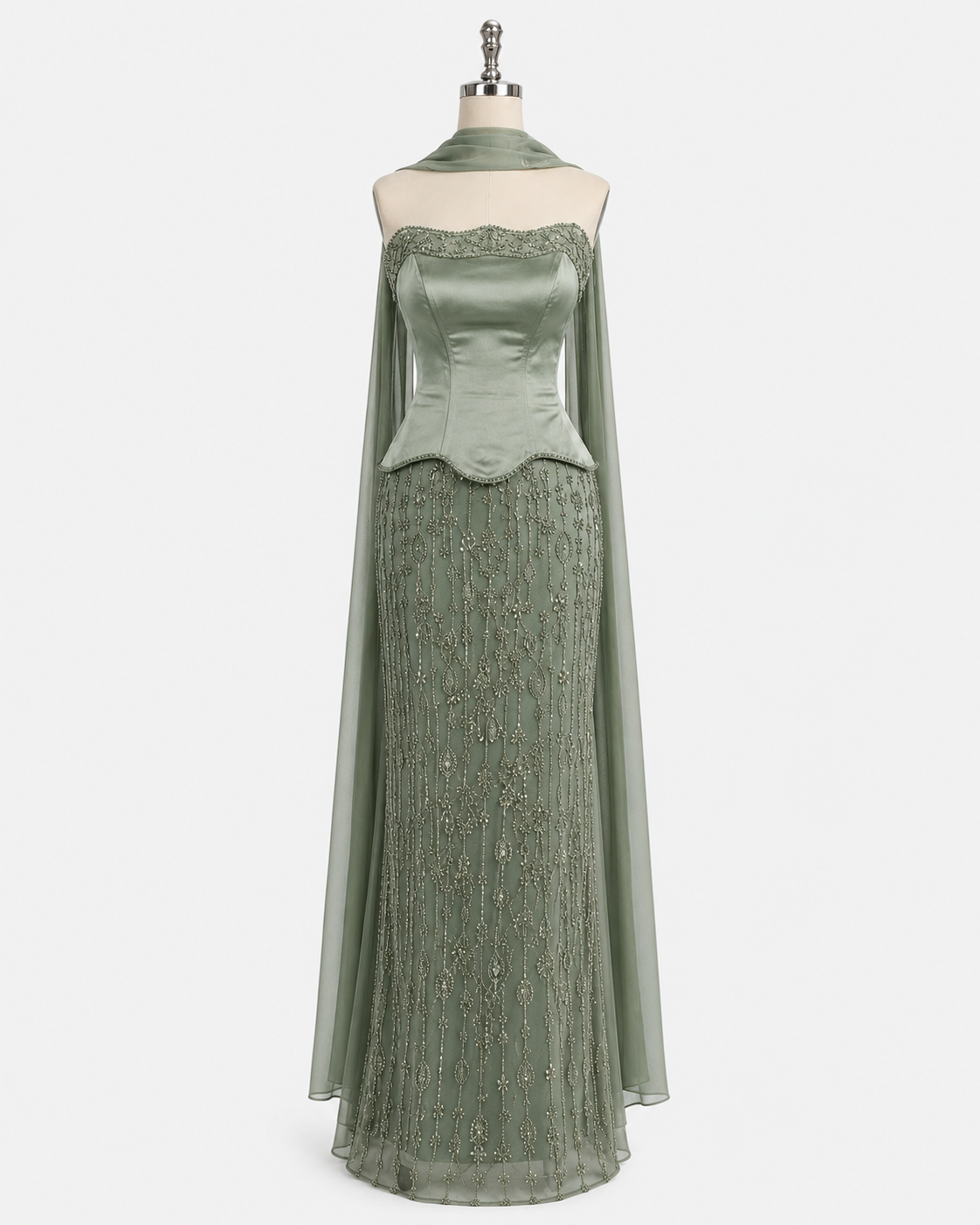Elegant Strapless Satin Beaded Mermaid Evening Gown with Matching Scarf SL173