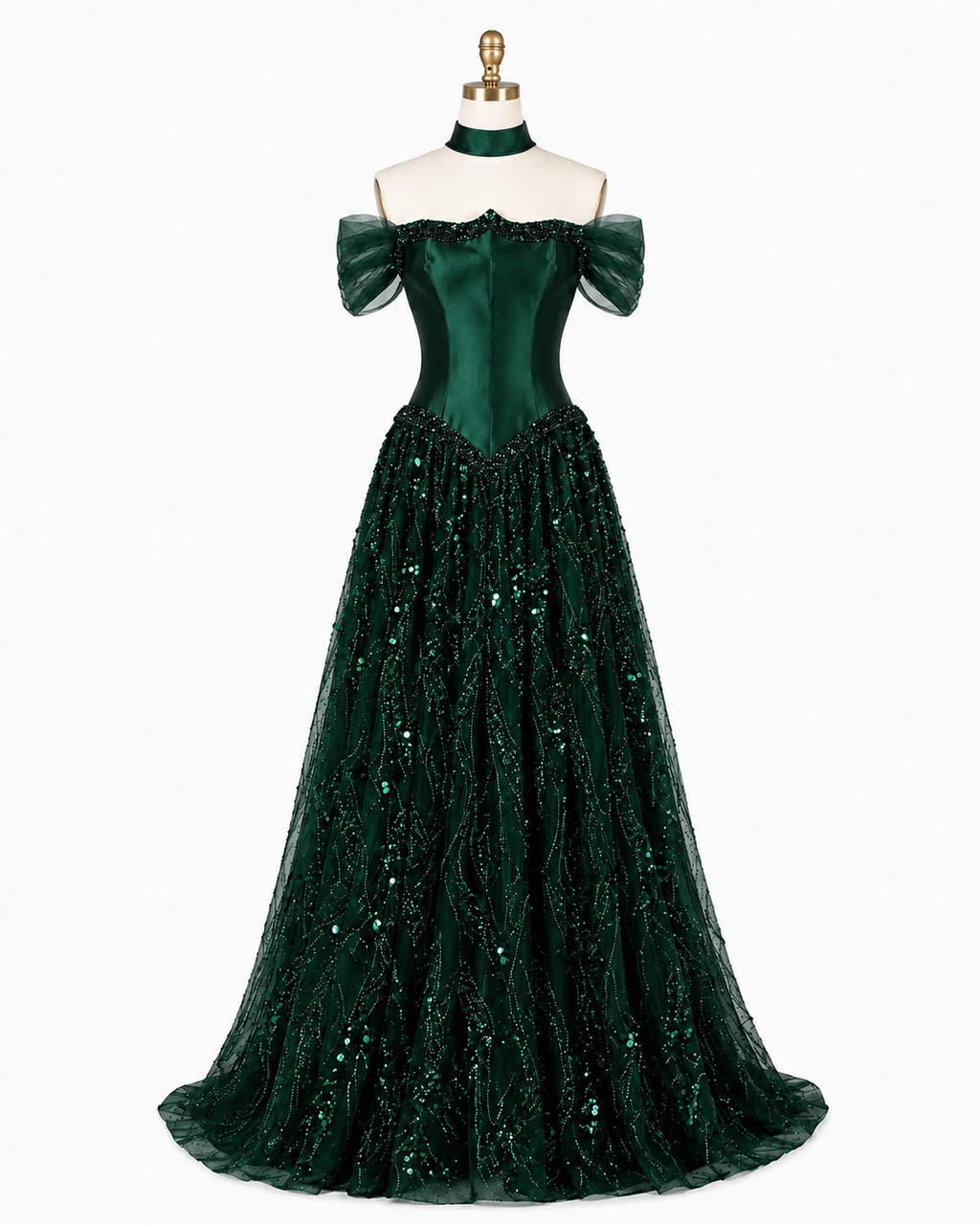 Luxury Off-Shoulder Sequin Evening Gown with Choker Scarf SL174