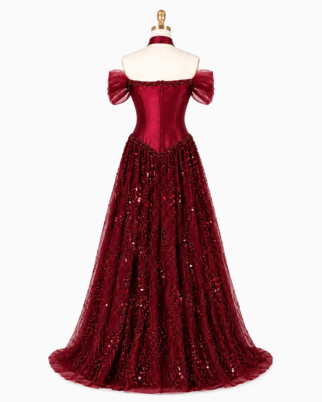 Luxury Off-Shoulder Sequin Evening Gown with Choker Scarf SL174