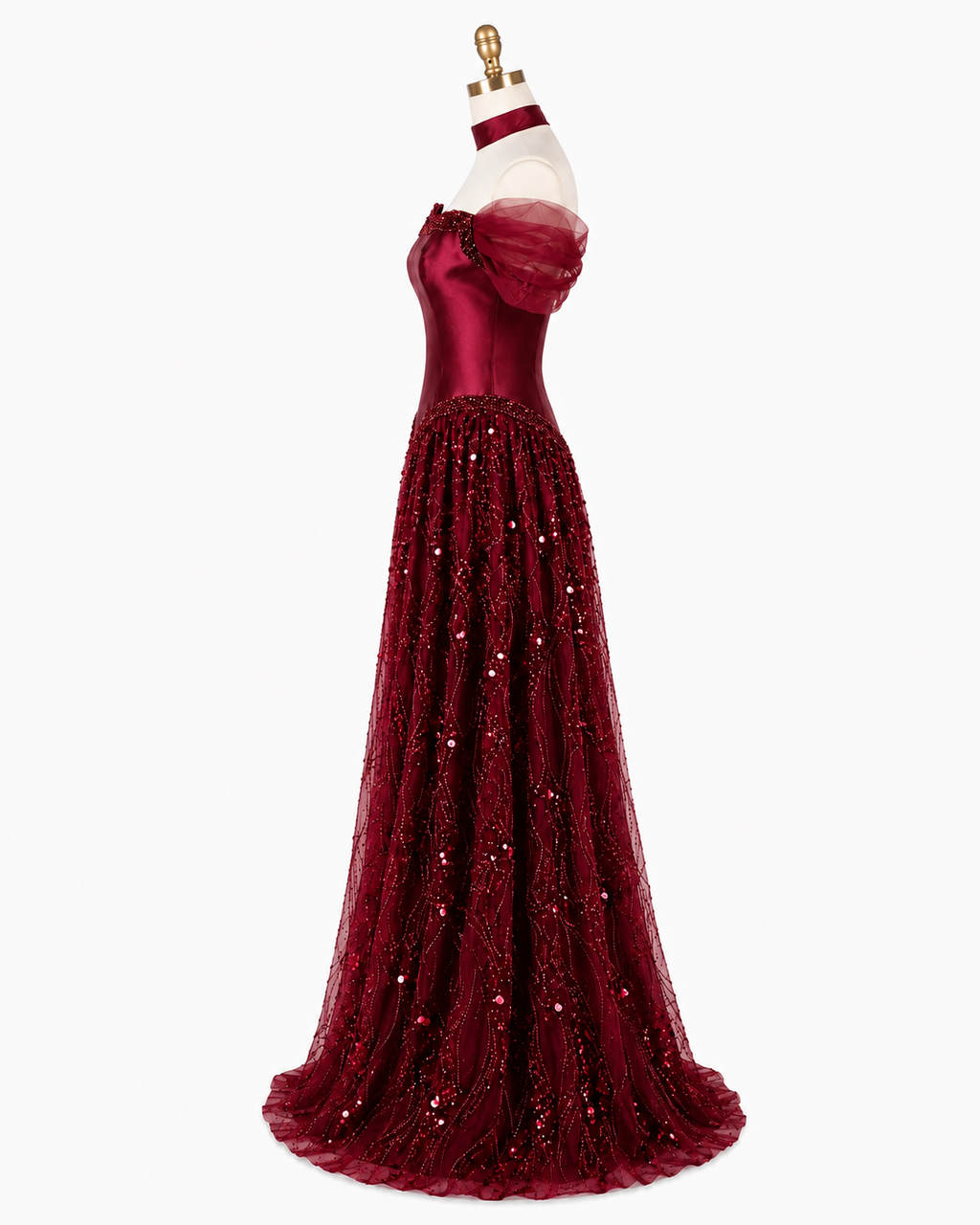 Luxury Off-Shoulder Sequin Evening Gown with Choker Scarf SL174