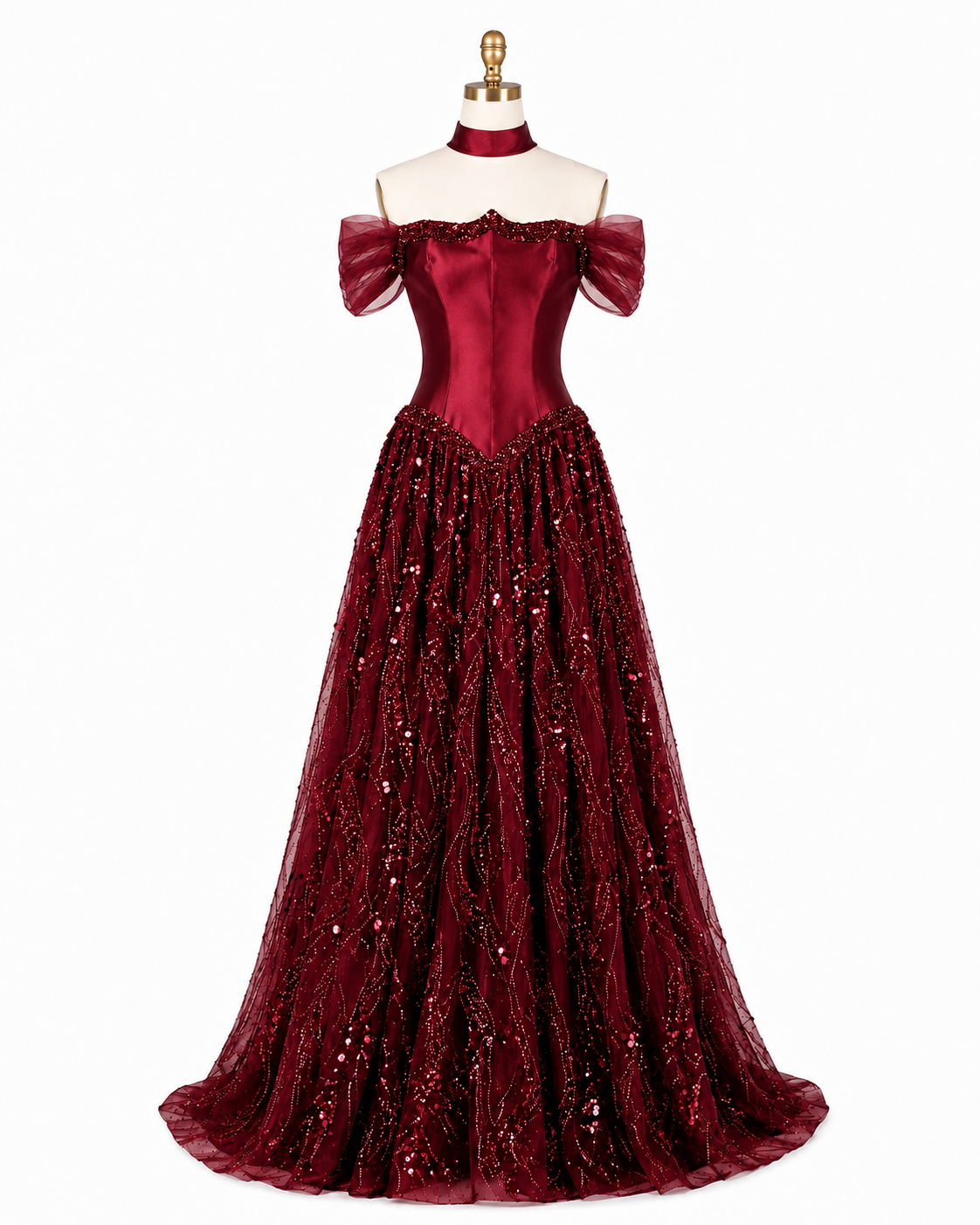 Luxury Off-Shoulder Sequin Evening Gown with Choker Scarf SL174