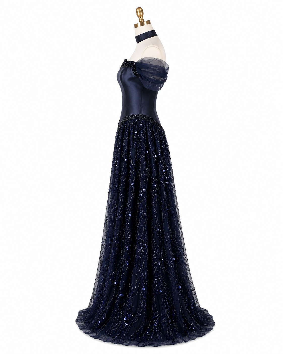Luxury Off-Shoulder Sequin Evening Gown with Choker Scarf SL174