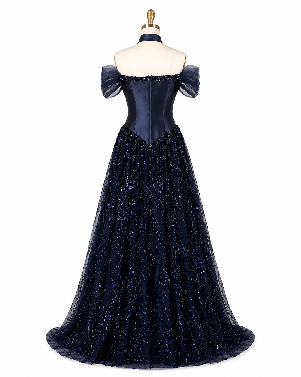 Luxury Off-Shoulder Sequin Evening Gown with Choker Scarf SL174