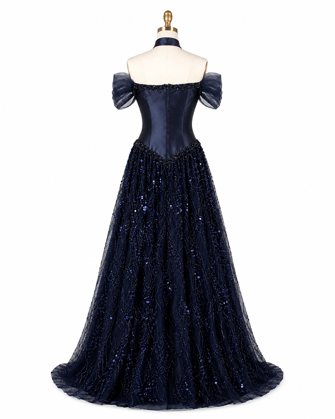Luxury Off-Shoulder Sequin Evening Gown with Choker Scarf SL174