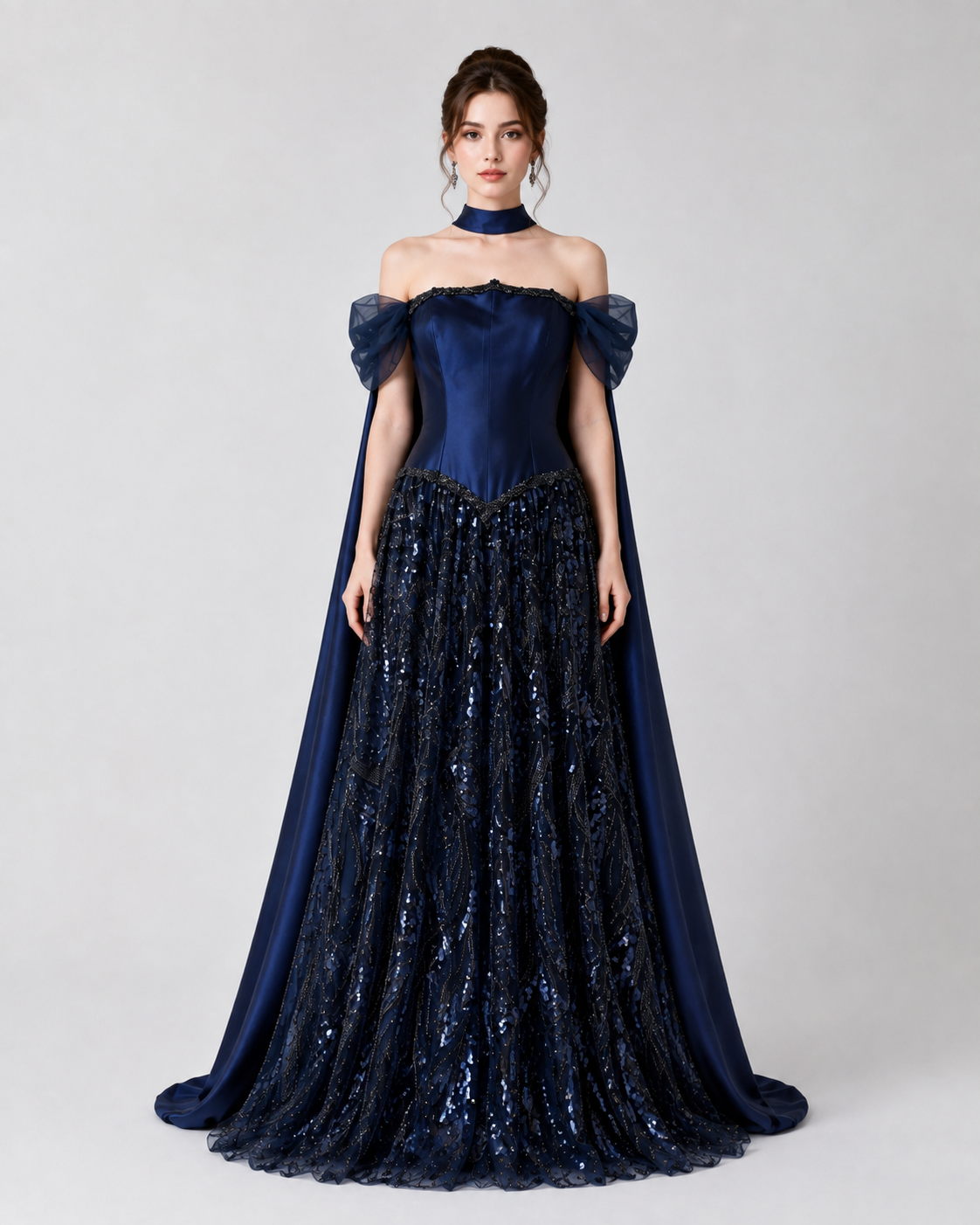 Luxury Off-Shoulder Sequin Evening Gown with Choker Scarf SL174
