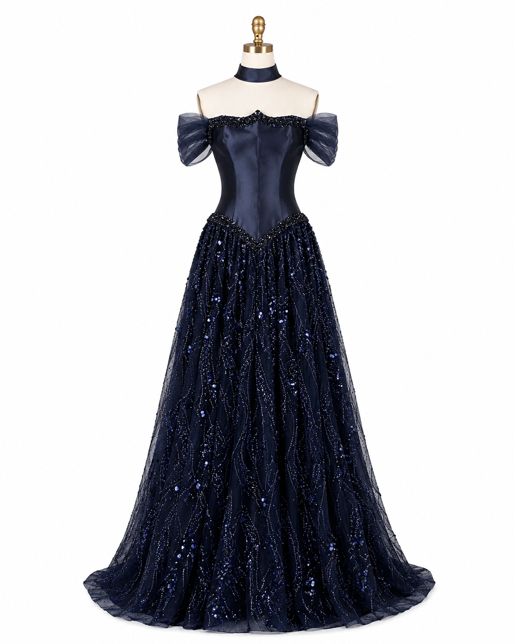 Luxury Off-Shoulder Sequin Evening Gown with Choker Scarf SL174