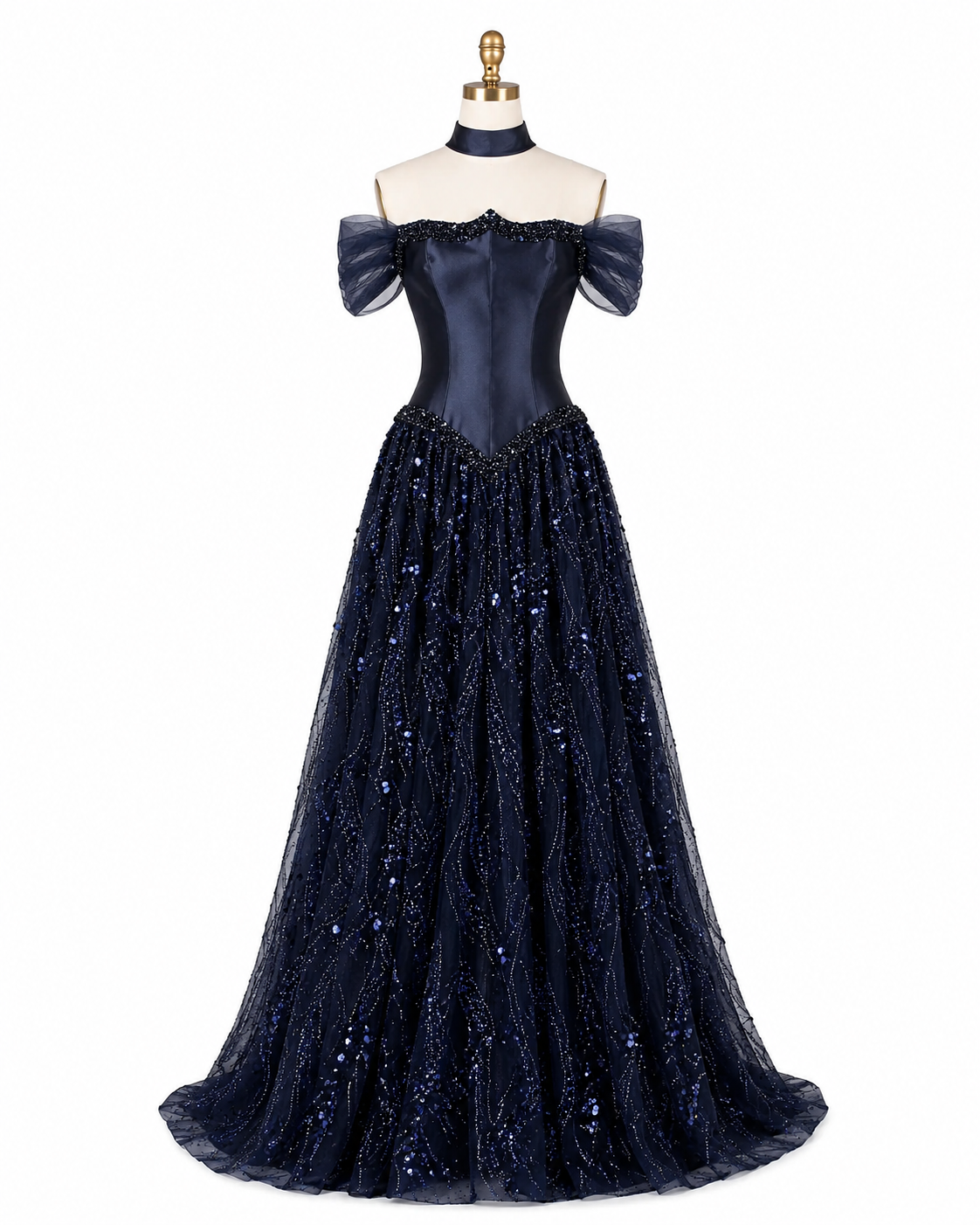 Luxury Off-Shoulder Sequin Evening Gown with Choker Scarf SL174