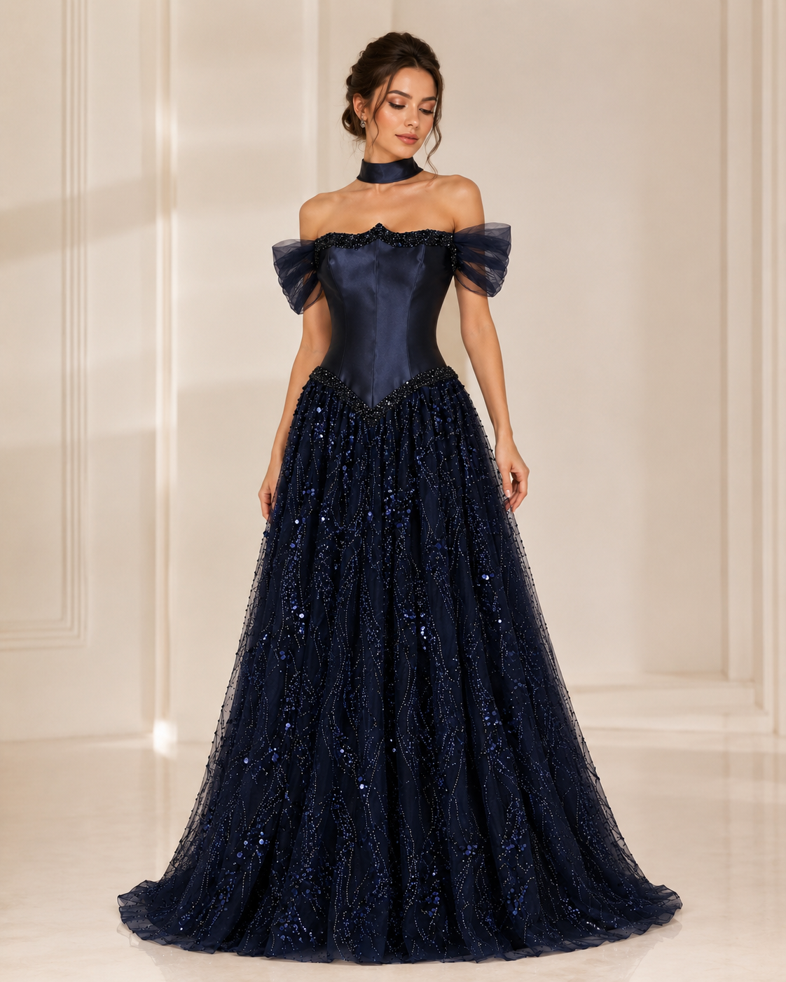 Luxury Off-Shoulder Sequin Evening Gown with Choker Scarf SL174