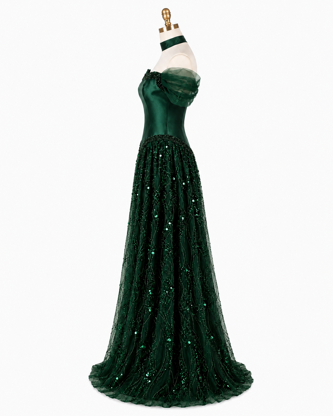 Luxury Off-Shoulder Sequin Evening Gown with Choker Scarf SL174
