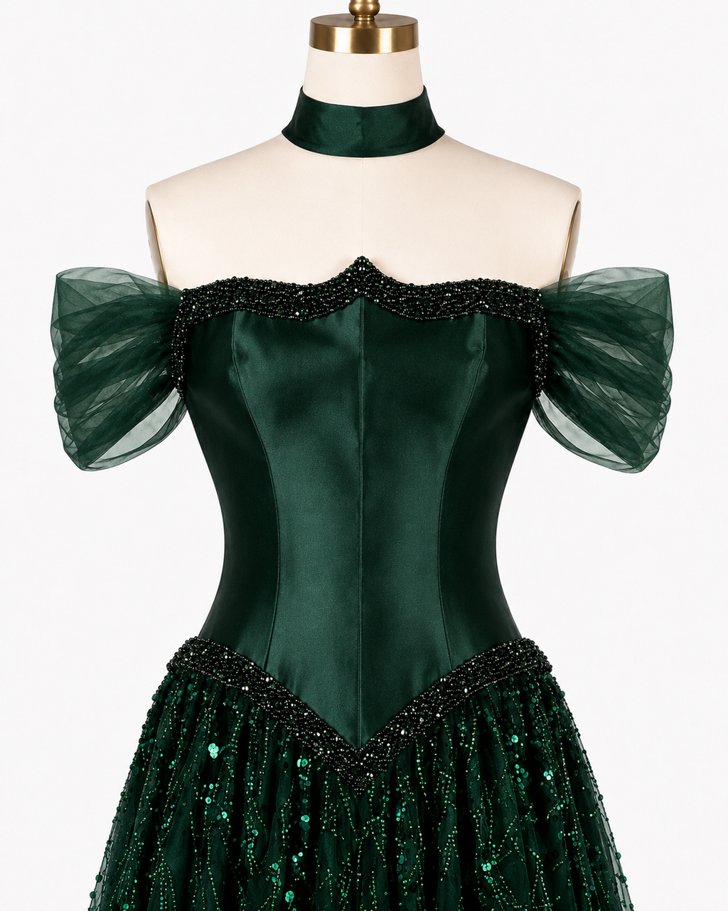 Luxury Off-Shoulder Sequin Evening Gown with Choker Scarf SL174