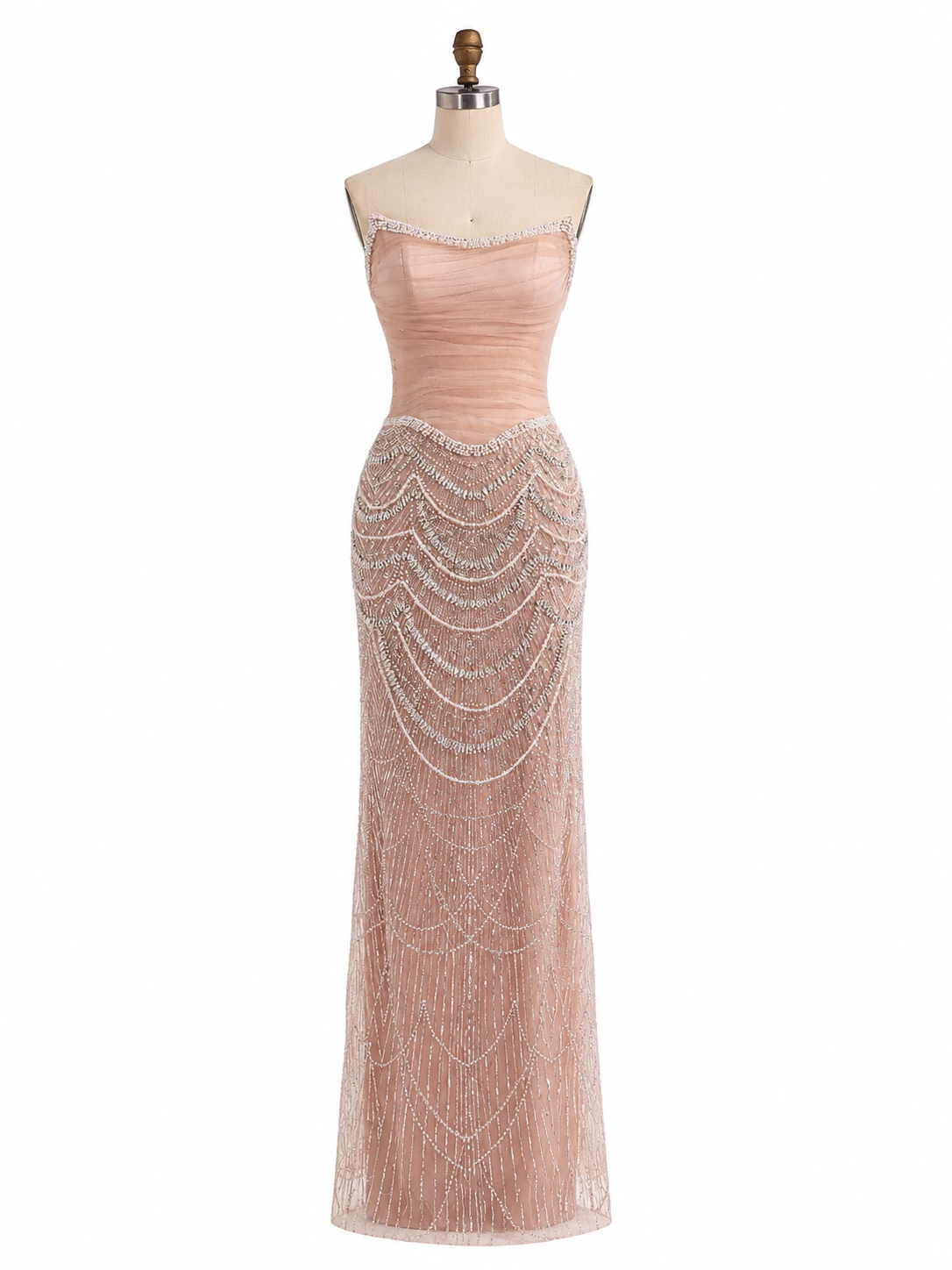 Champagne Pearl Beaded Evening Gown with Draped Crystal Detailing SL175