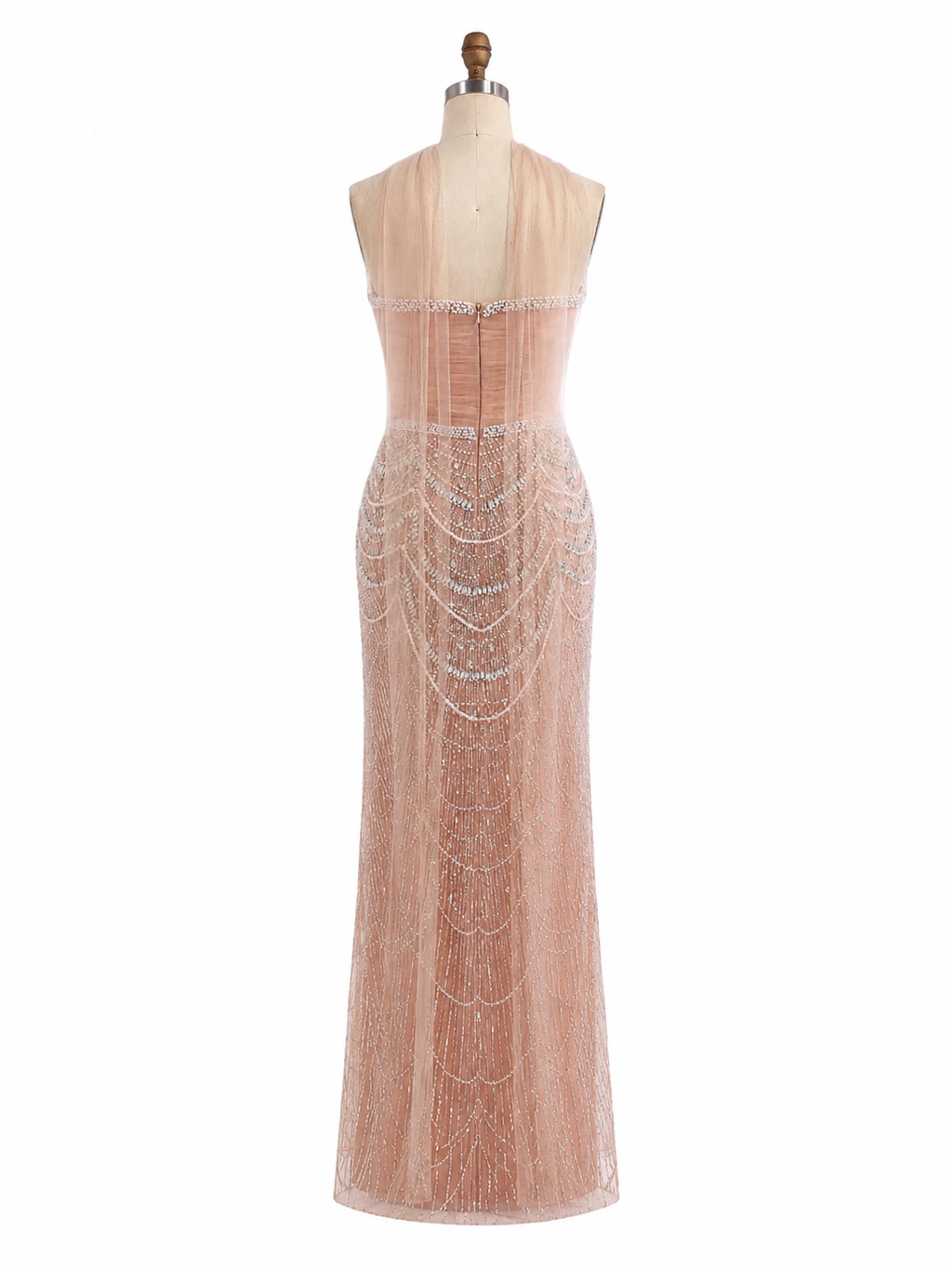 Champagne Pearl Beaded Evening Gown with Draped Crystal Detailing SL175
