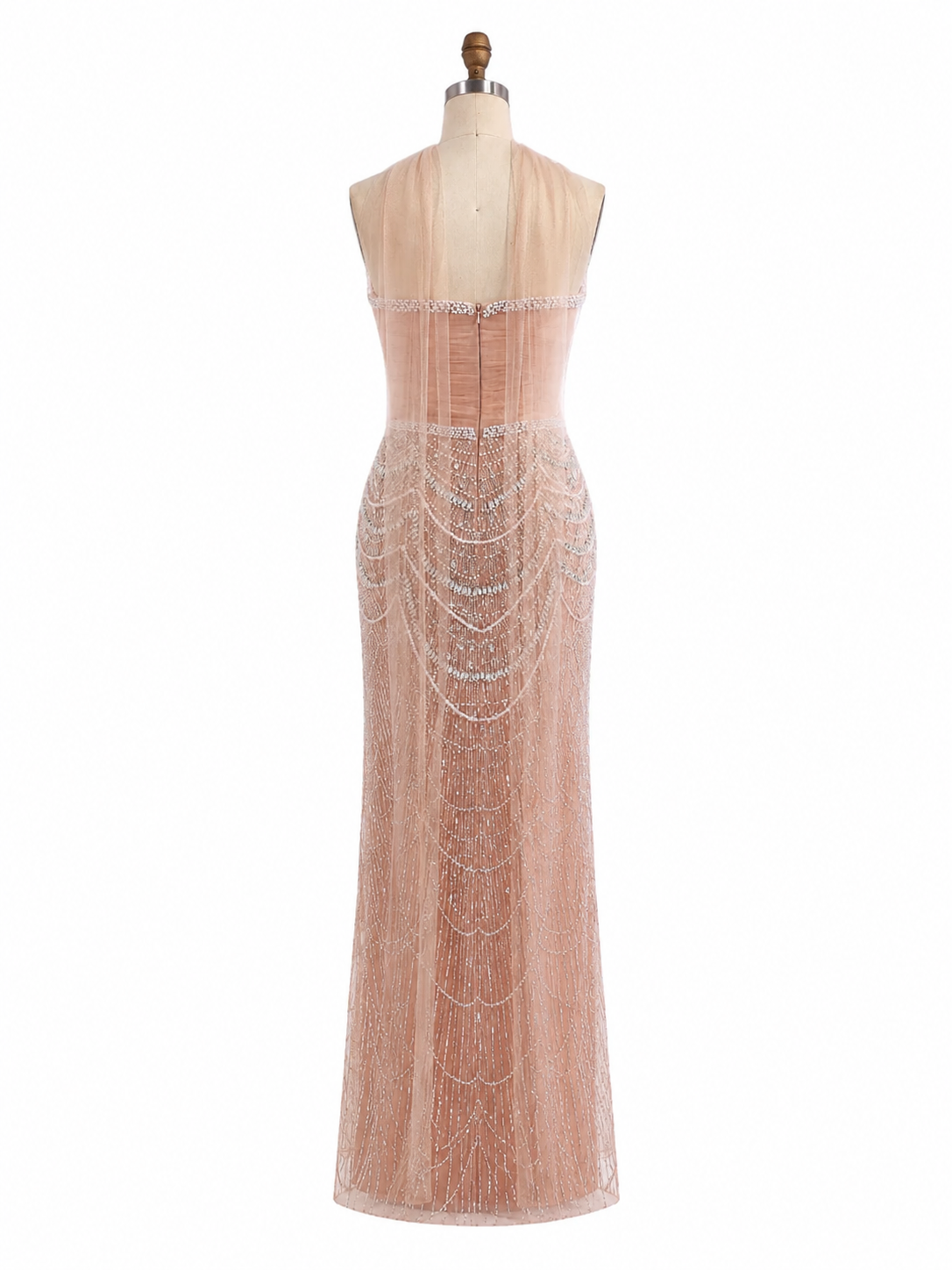 Champagne Pearl Beaded Evening Gown with Draped Crystal Detailing SL175