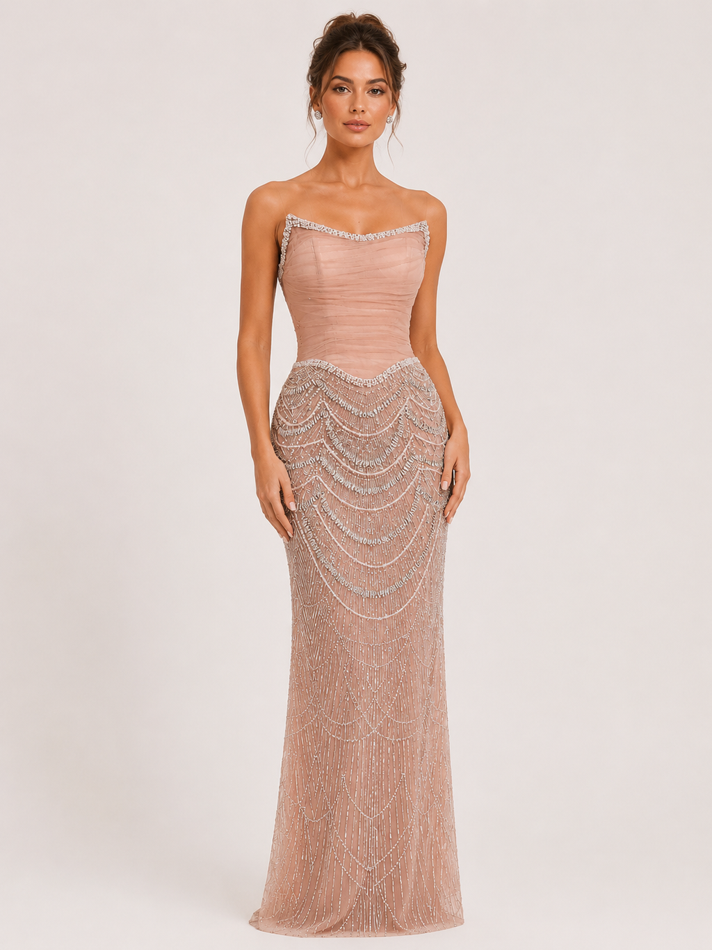 Champagne Pearl Beaded Evening Gown with Draped Crystal Detailing SL175