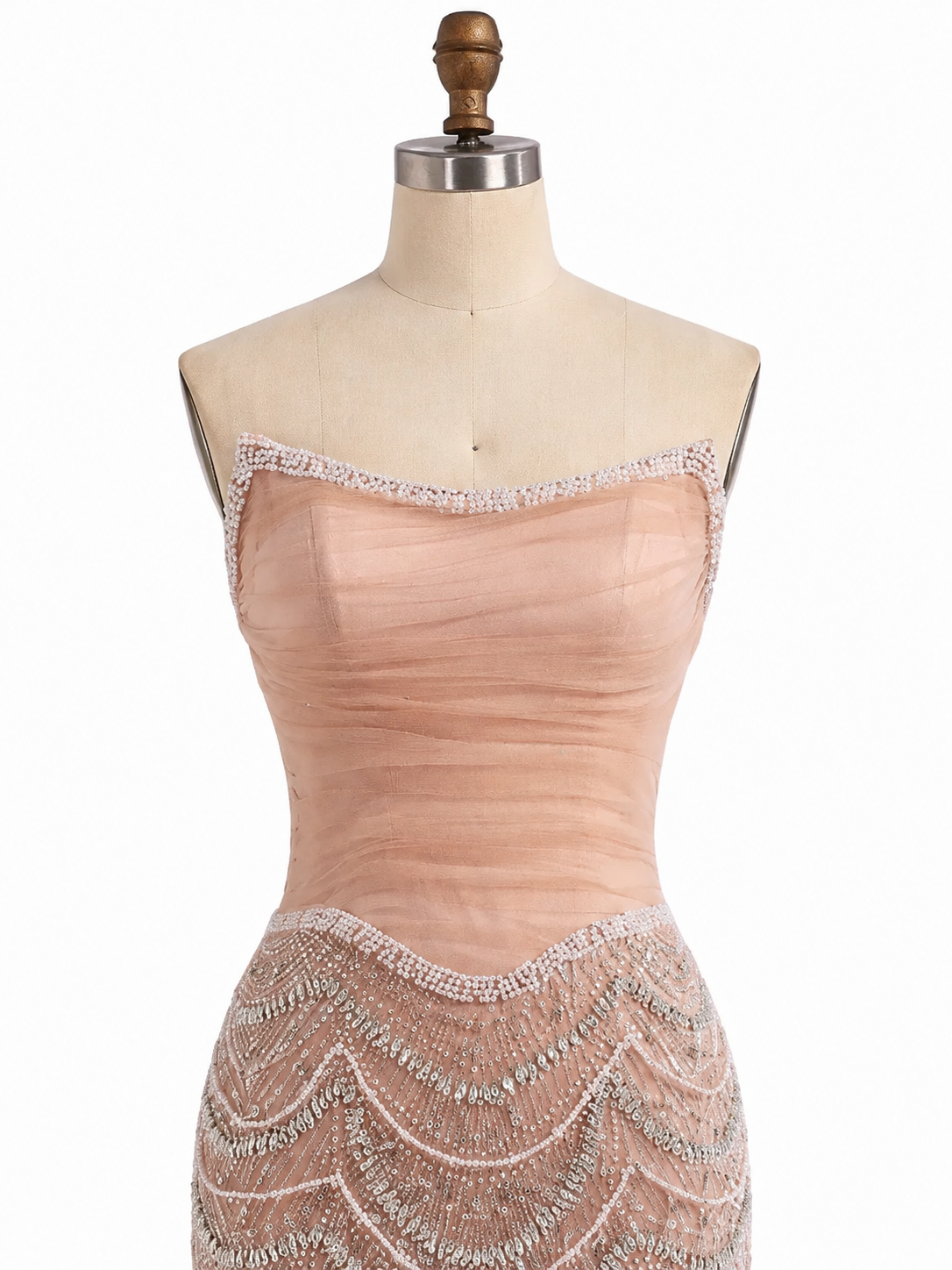 Champagne Pearl Beaded Evening Gown with Draped Crystal Detailing SL175