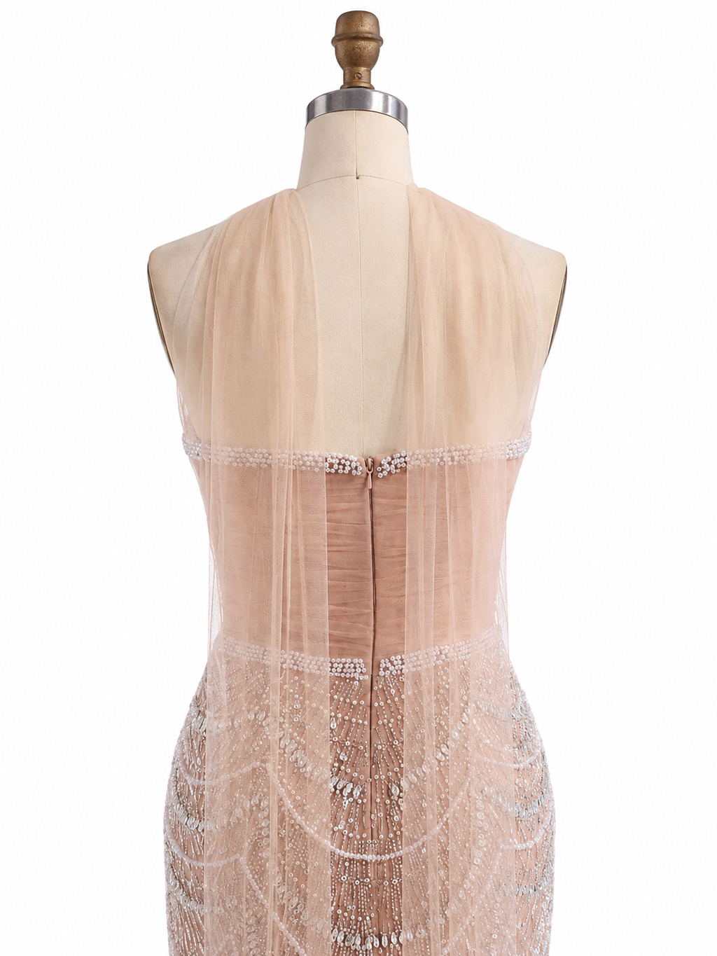 Champagne Pearl Beaded Evening Gown with Draped Crystal Detailing SL175