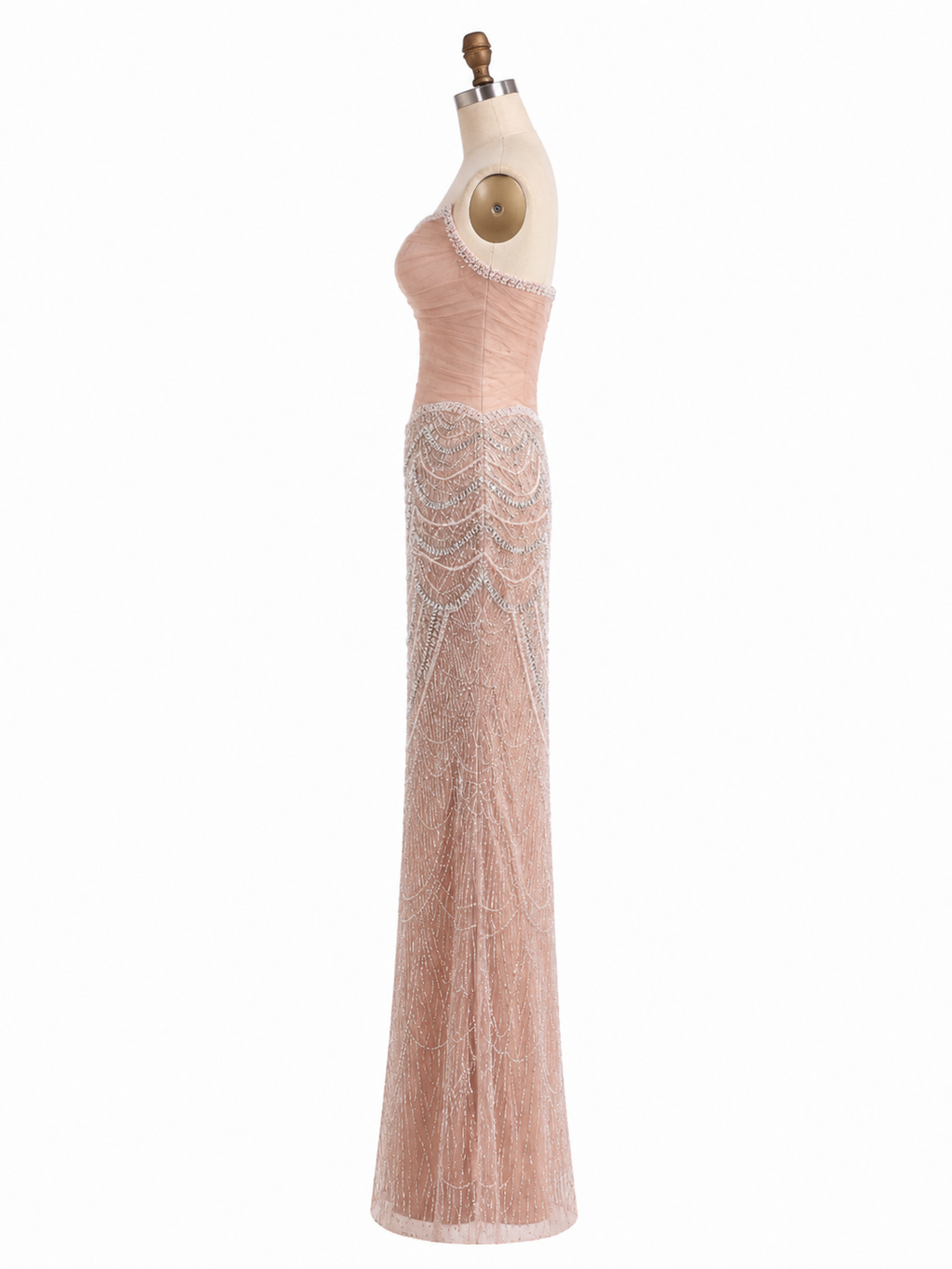 Champagne Pearl Beaded Evening Gown with Draped Crystal Detailing SL175