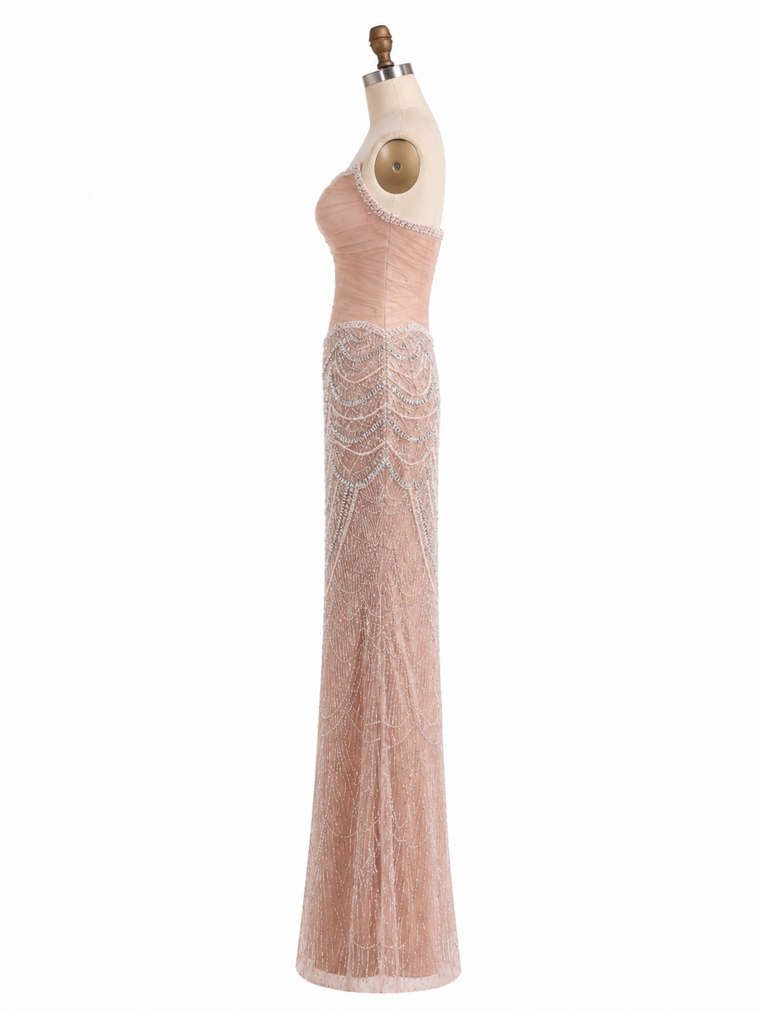 Champagne Pearl Beaded Evening Gown with Draped Crystal Detailing SL175