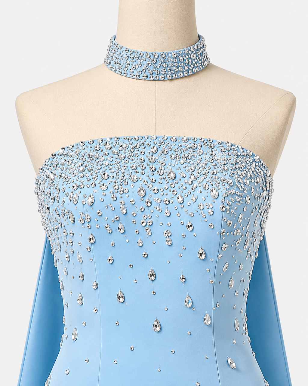 Blue Strapless Evening Gown Embellishments with Cape Train SL177