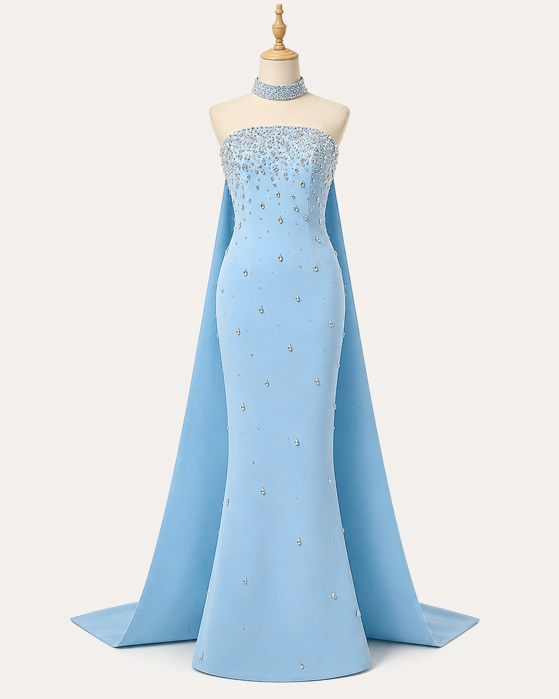 Blue Strapless Evening Gown Embellishments with Cape Train SL177