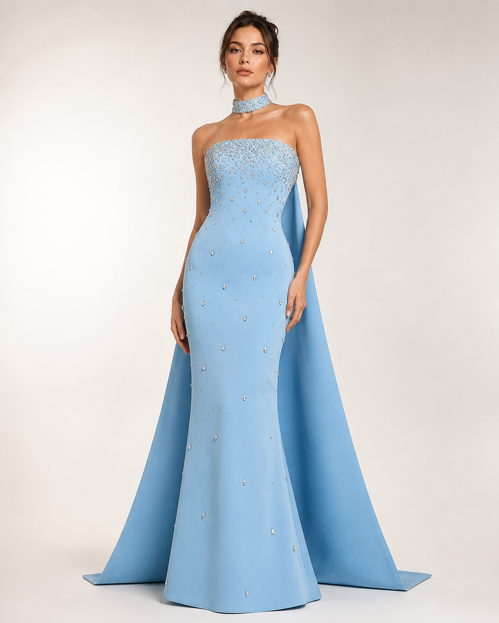 Blue Strapless Evening Gown Embellishments with Cape Train SL177