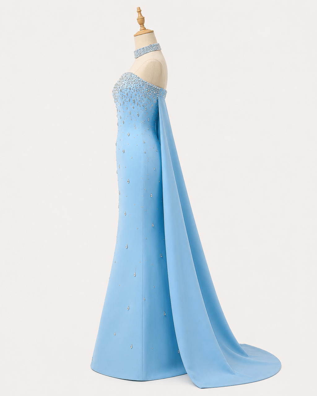 Blue Strapless Evening Gown Embellishments with Cape Train SL177