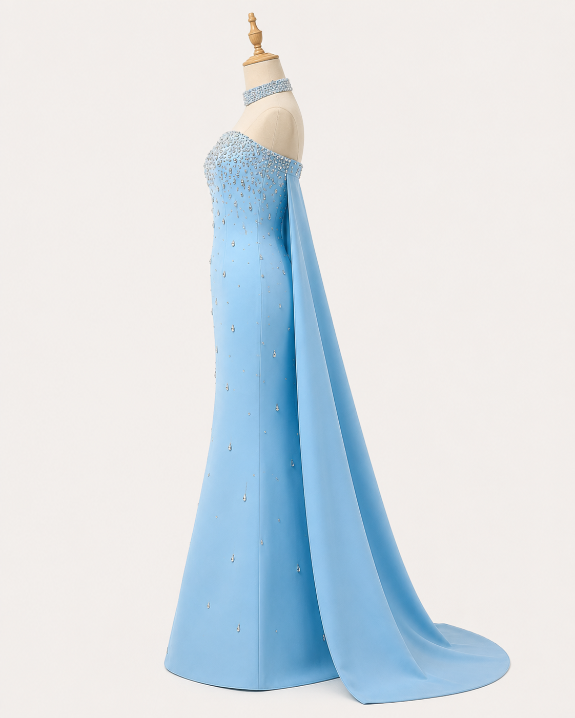 Blue Strapless Evening Gown Embellishments with Cape Train SL177