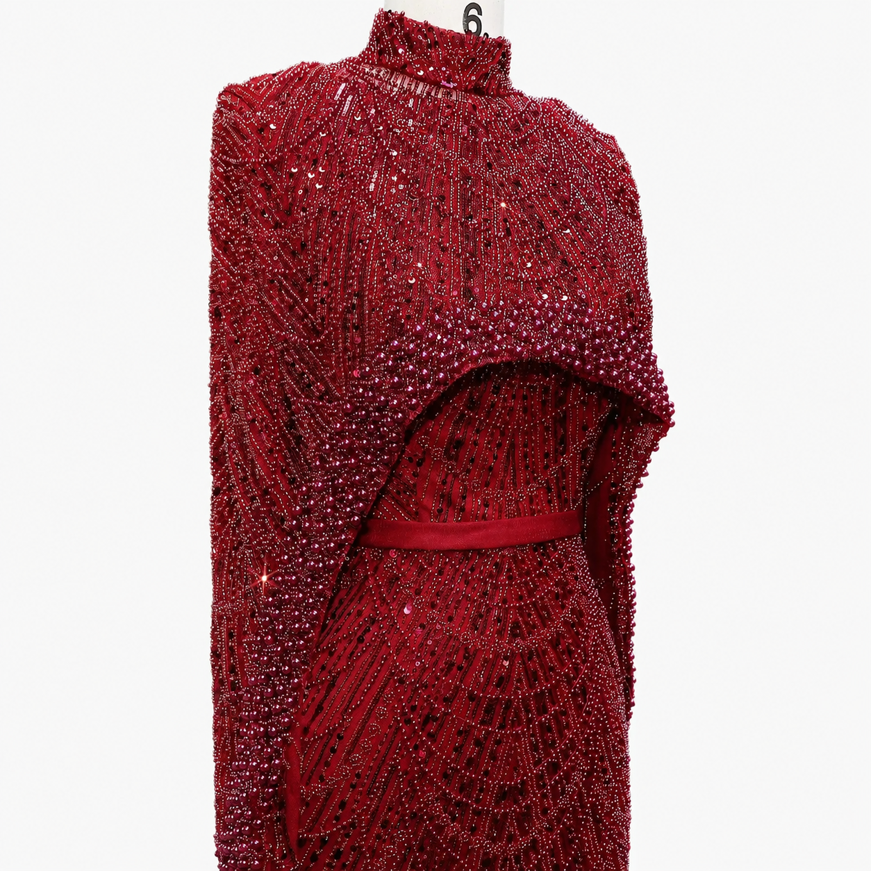Luxury Wine Red Pearl Beaded Evening Gown with High Neck Cape Overlay SL178