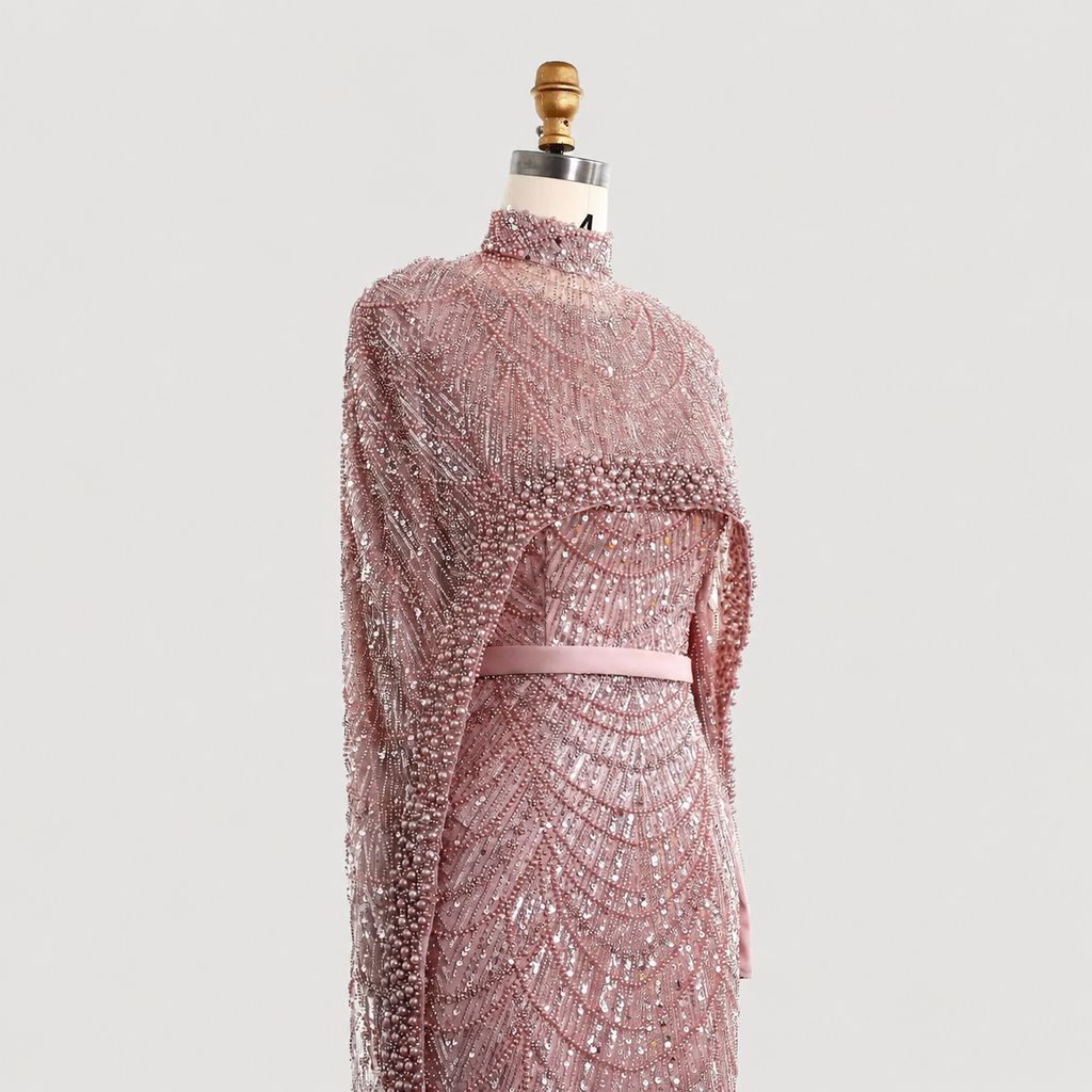 Luxury Wine Red Pearl Beaded Evening Gown with High Neck Cape Overlay SL178