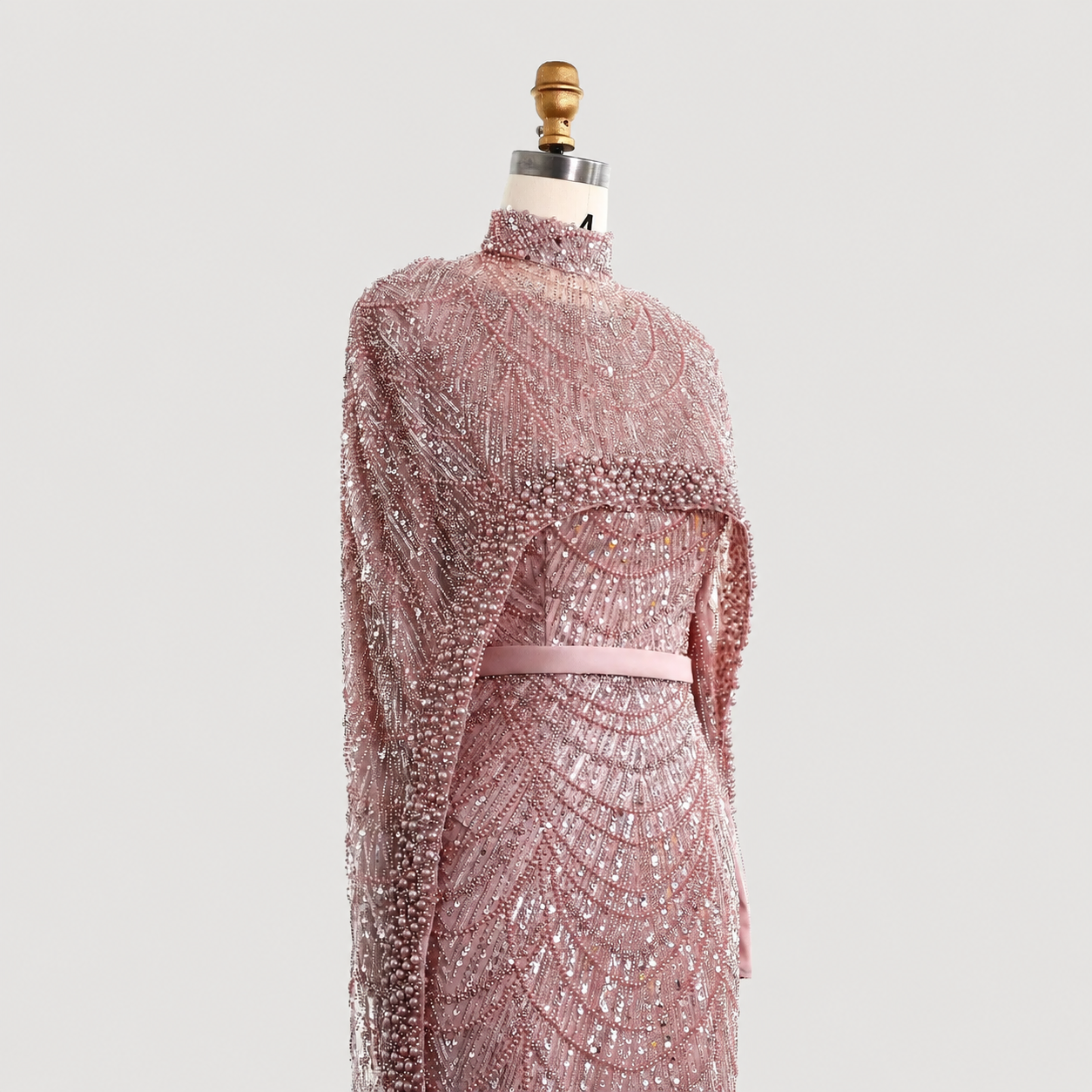 Luxury Wine Red Pearl Beaded Evening Gown with High Neck Cape Overlay SL178
