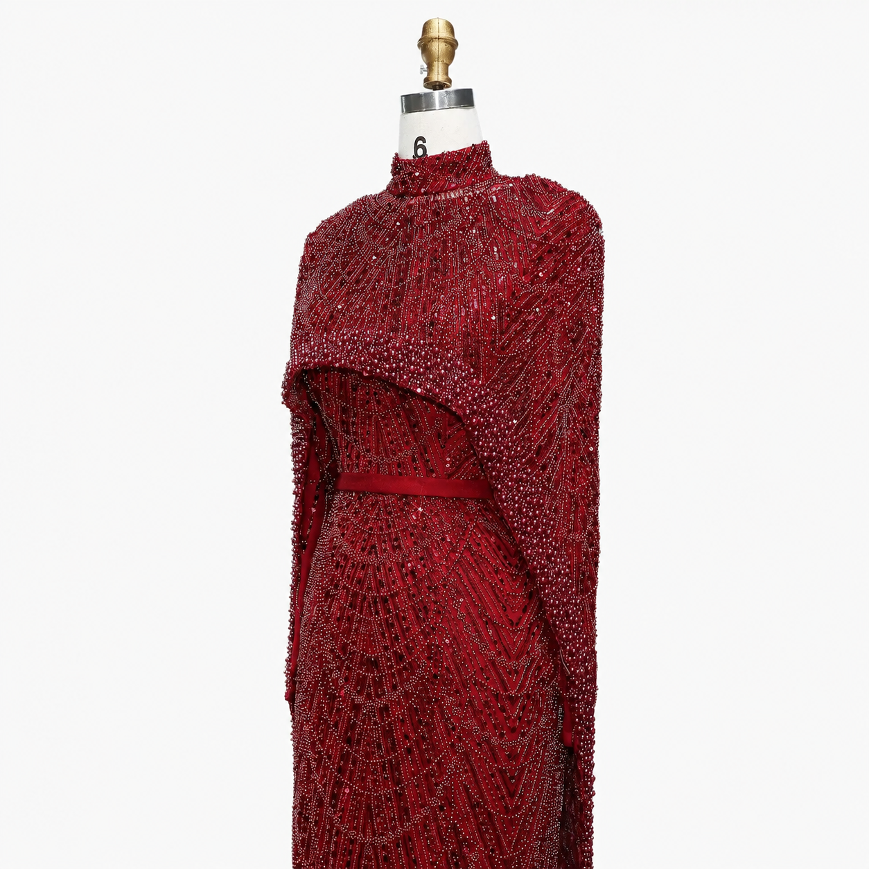 Luxury Wine Red Pearl Beaded Evening Gown with High Neck Cape Overlay SL178