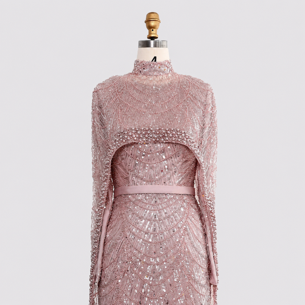 Luxury Wine Red Pearl Beaded Evening Gown with High Neck Cape Overlay SL178